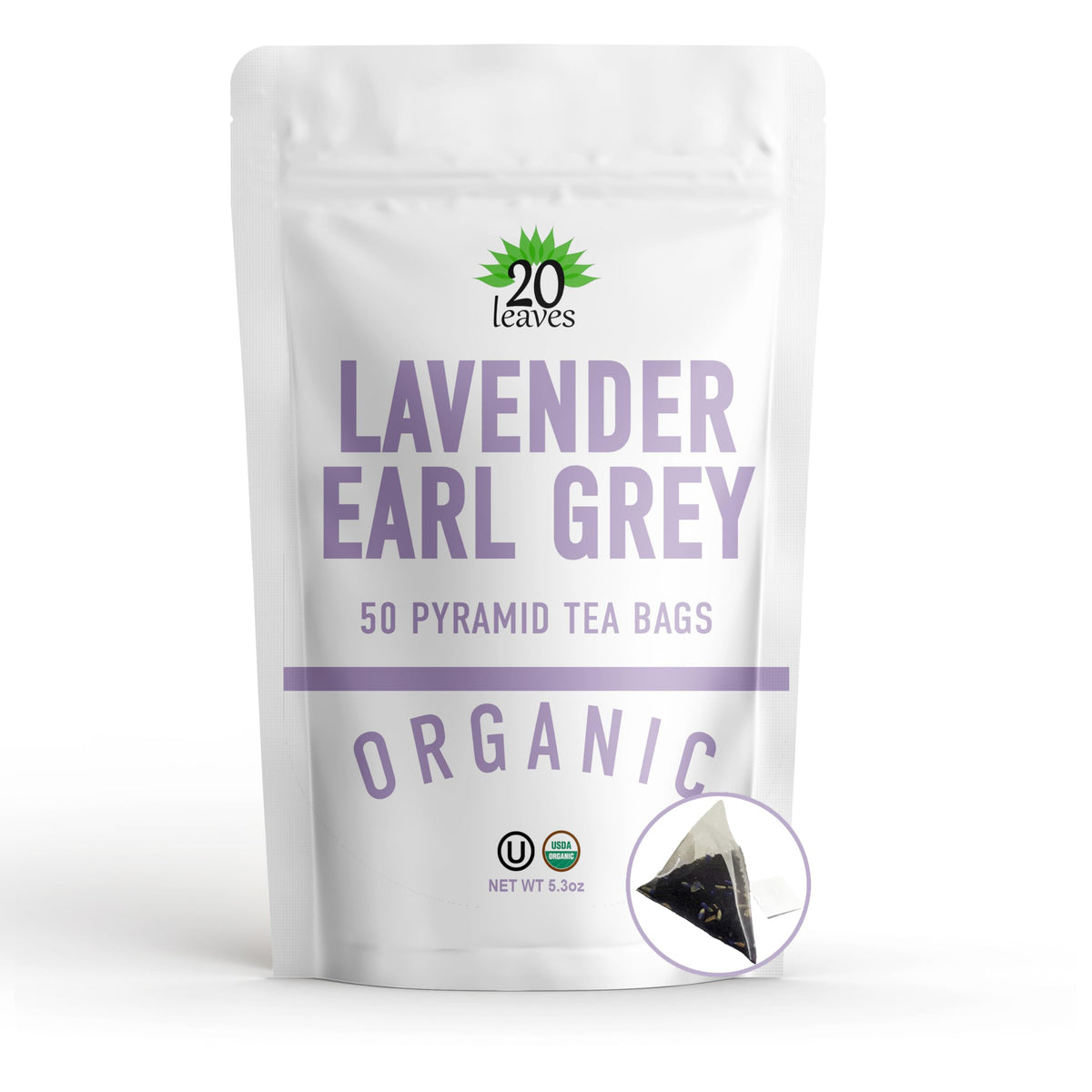 20 Leaves Lavender Earl Grey tea bags pack for quick, aromatic daily brew.