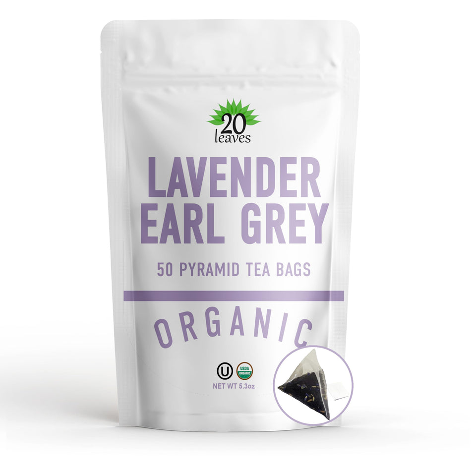 20 Leaves Lavender Earl Grey tea bags pack for quick, aromatic daily brew.
