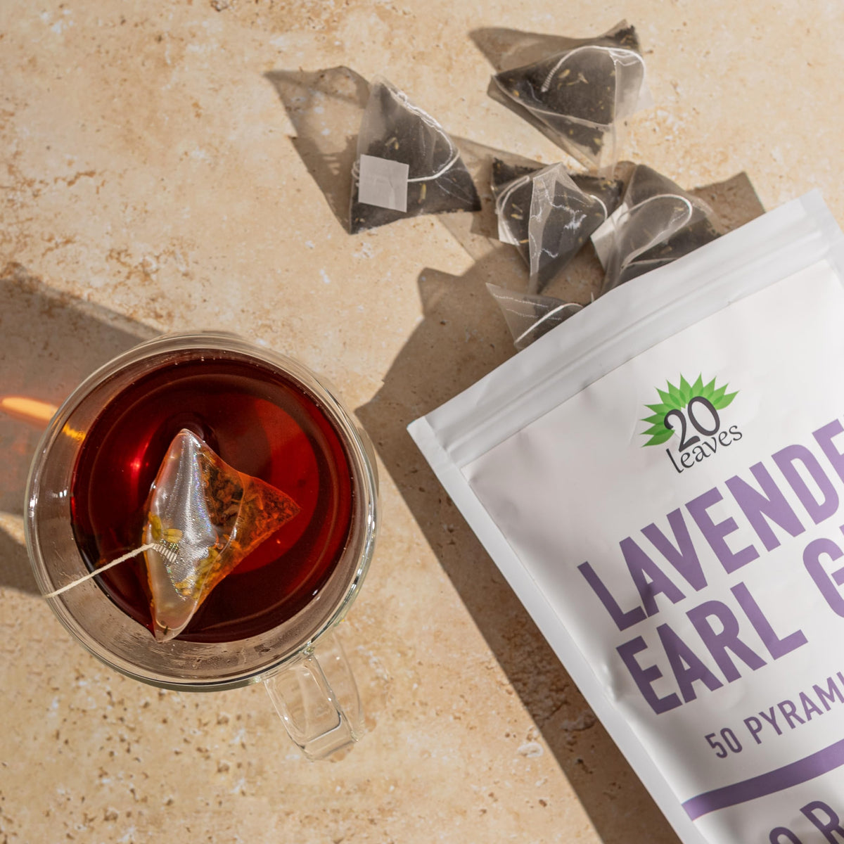 20 Leaves Pyramid tea bags closeup—promotes full flavor release with large leaves.