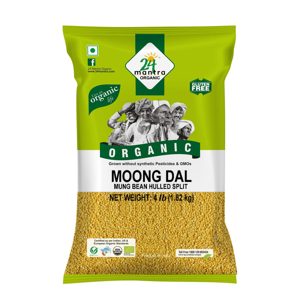 24 Mantra Organic Moong Dal 4lb yellow pack ready for dal and soups.