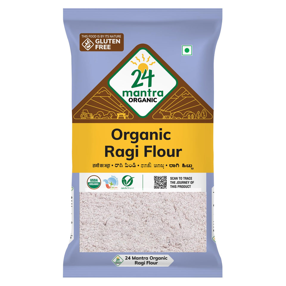 24 Mantra Organic Ragi Flour pack 500g, pesticide-free staple for everyday cooking.