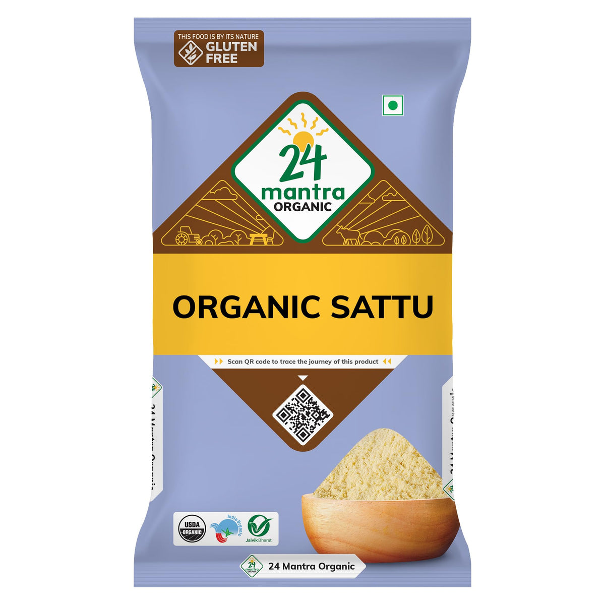 24 Mantra Organic Sattu Atta packaging shows a 500g pouch for pantry storage