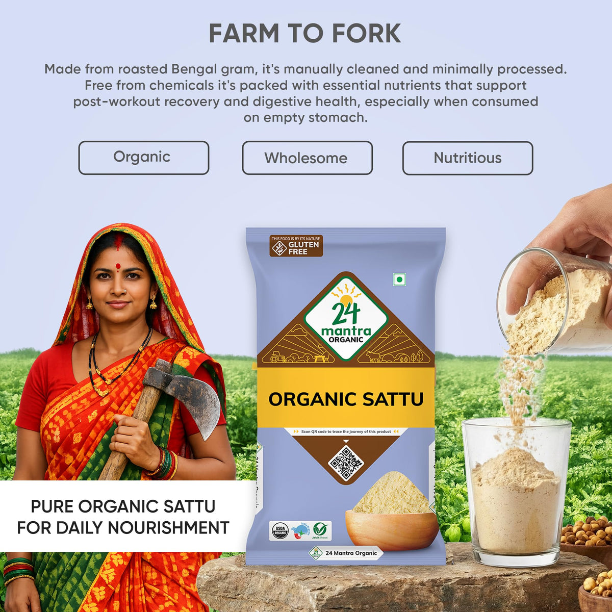 24 Mantra Organic Sattu Atta ingredients close-up highlights protein-rich composition