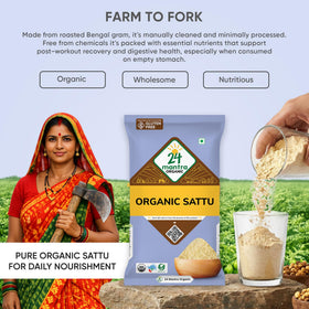 24 Mantra Organic Sattu Atta ingredients close-up highlights protein-rich composition