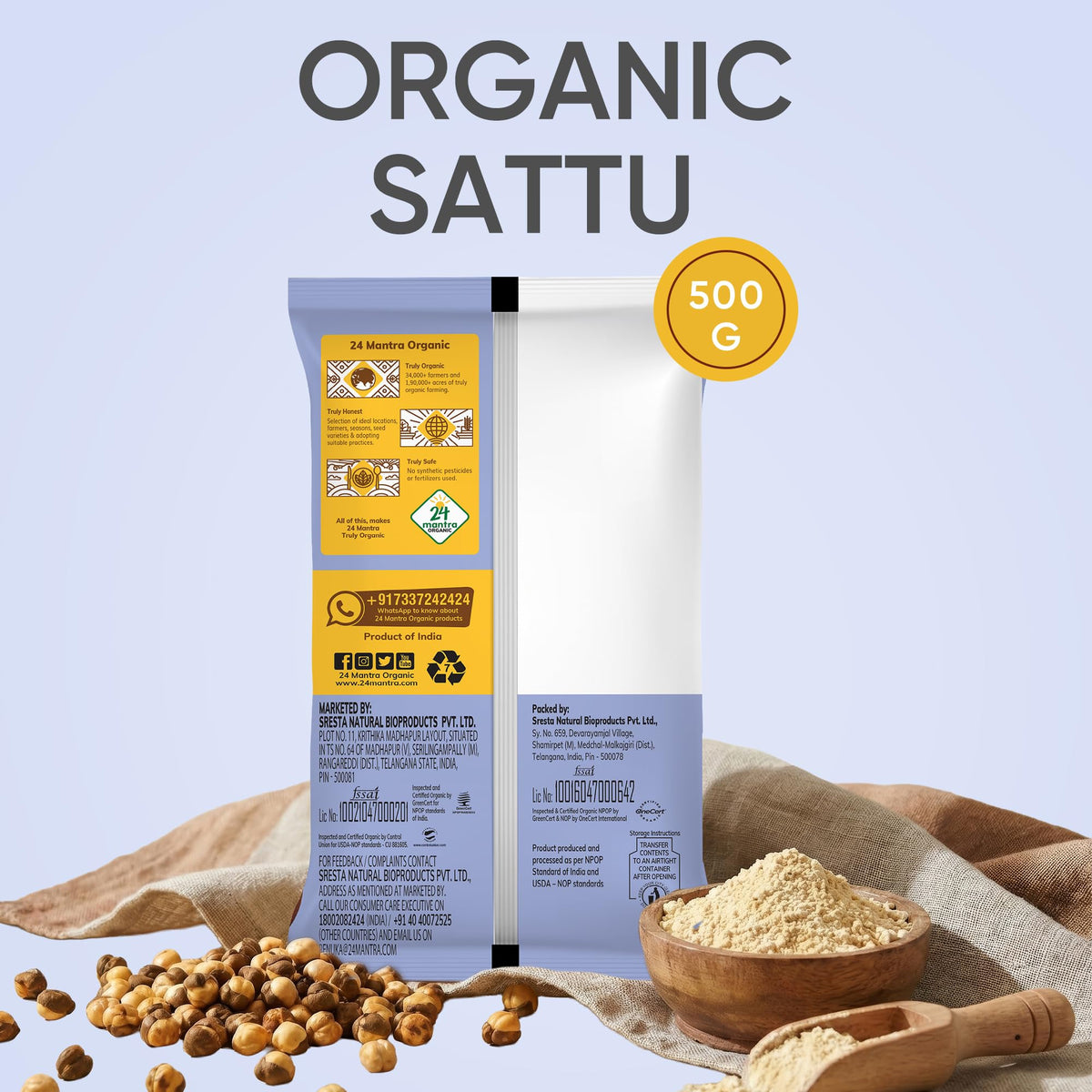 24 Mantra Organic Sattu Atta in a mixing bowl ready to blend