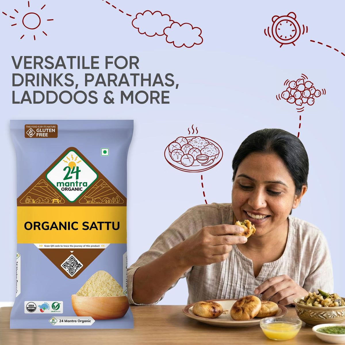 24 Mantra Organic Sattu Atta nutrition label emphasizes minerals and purity