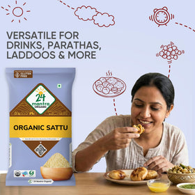 24 Mantra Organic Sattu Atta nutrition label emphasizes minerals and purity