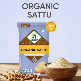 24 Mantra Organic Sattu Atta powder close-up reveals fine texture for versatile cooking