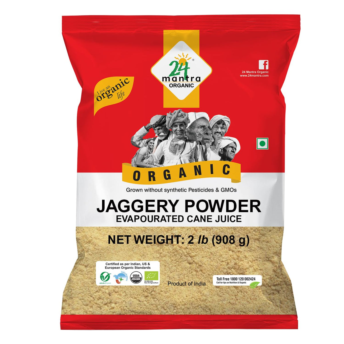 24 Mantra Organic jaggery powder package showcases pure, unrefined sweetness for everyday cooking