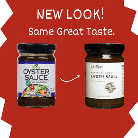 Close-up of 24Vegan oyster sauce label highlighting gluten-free claim