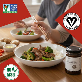 Noodles and veggies with 24Vegan oyster sauce for depth
