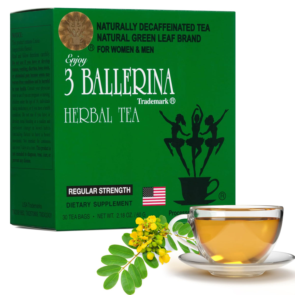 3 Ballerina Tea bags close-up highlighting caffeine-free, gentle digestion.