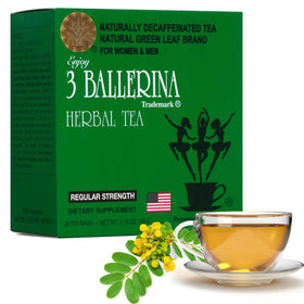 3 Ballerina Tea bags close-up highlighting caffeine-free, gentle digestion.