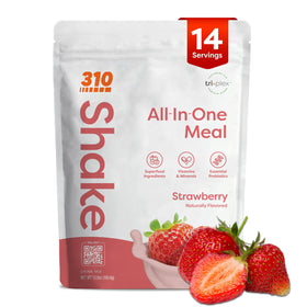 310 Nutrition all-in-one strawberry bottle for on-the-go daily nutrition.
