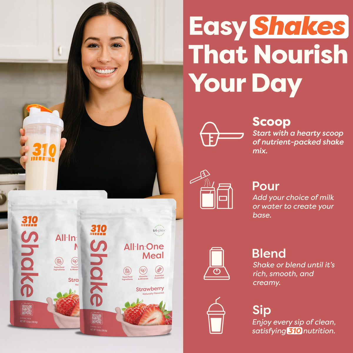 310 Nutrition all-in-one strawberry label closeup lists minerals and superfoods.