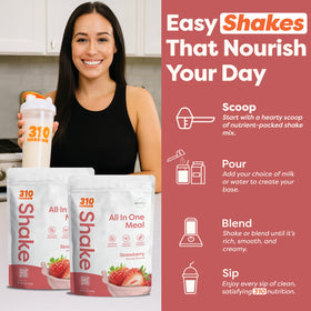 310 Nutrition all-in-one strawberry label closeup lists minerals and superfoods.