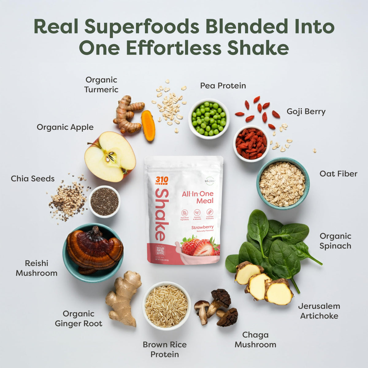 310 Nutrition all-in-one strawberry packaging front signals clean, nutritious ingredients.