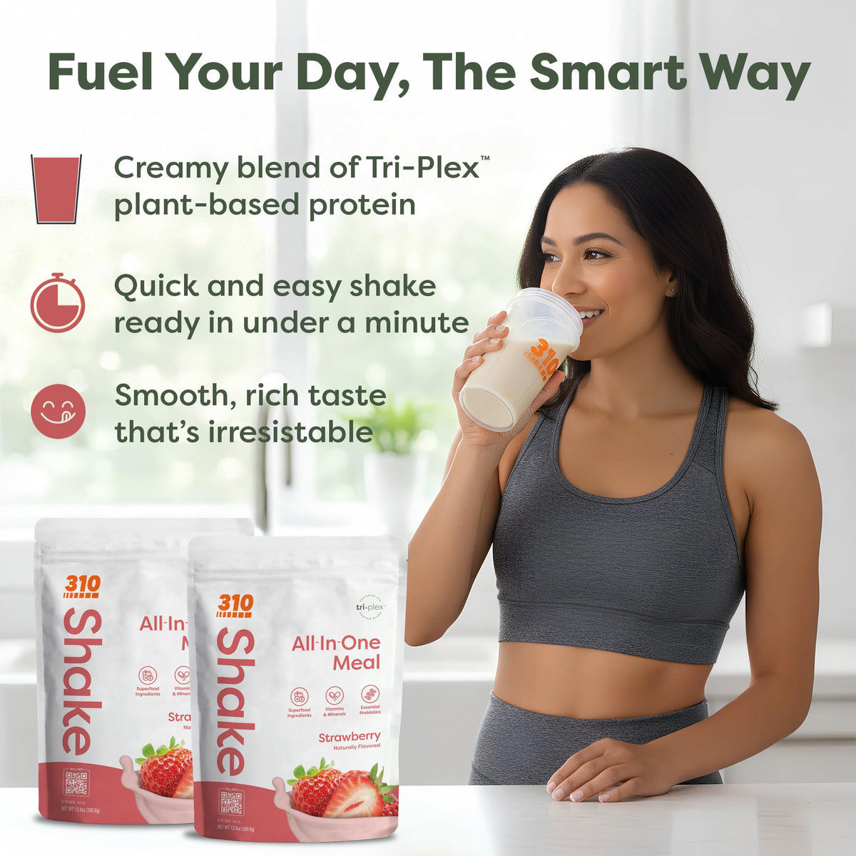 310 Nutrition all-in-one strawberry shake in glass showcases a creamy texture.