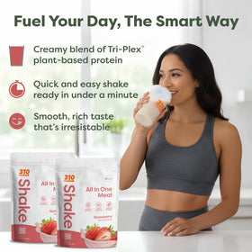 310 Nutrition all-in-one strawberry shake in glass showcases a creamy texture.
