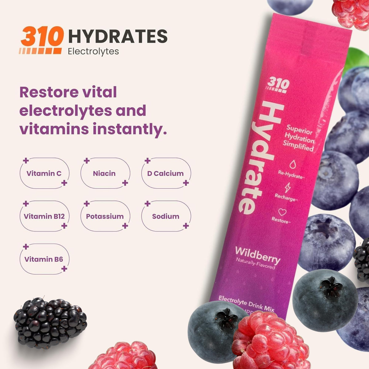 310 Nutrition hydration packet pouring into a glass for quick rehydration