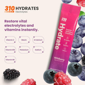 310 Nutrition hydration packet pouring into a glass for quick rehydration