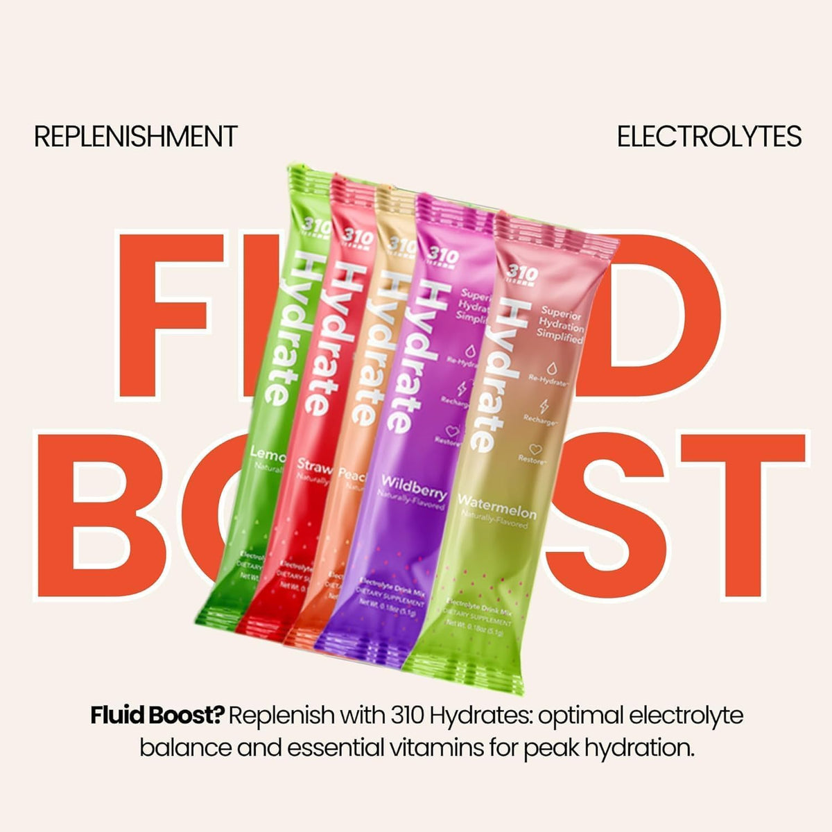310 Nutrition instant hydration packet, zero sugar, perfect for travel.