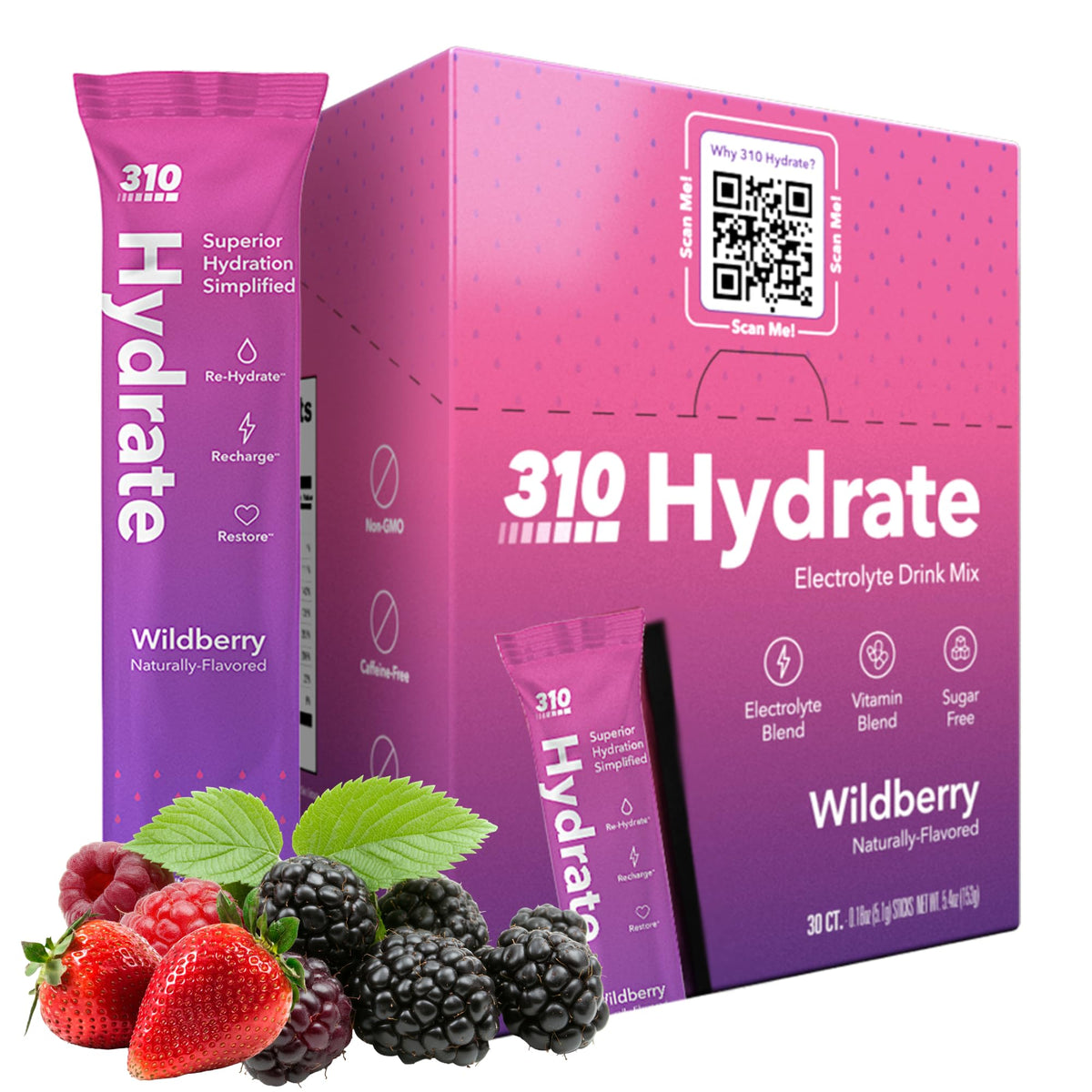 310 Nutrition Sugar Free Electrolytes Wildberry single pack ready for on-the-go hydration