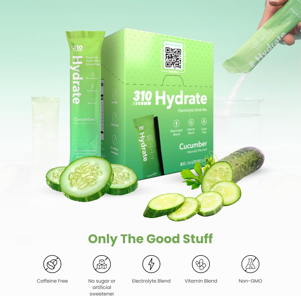 310 Nutrition cucumber electrolyte powder dissolving in water for a crisp, refreshing drink