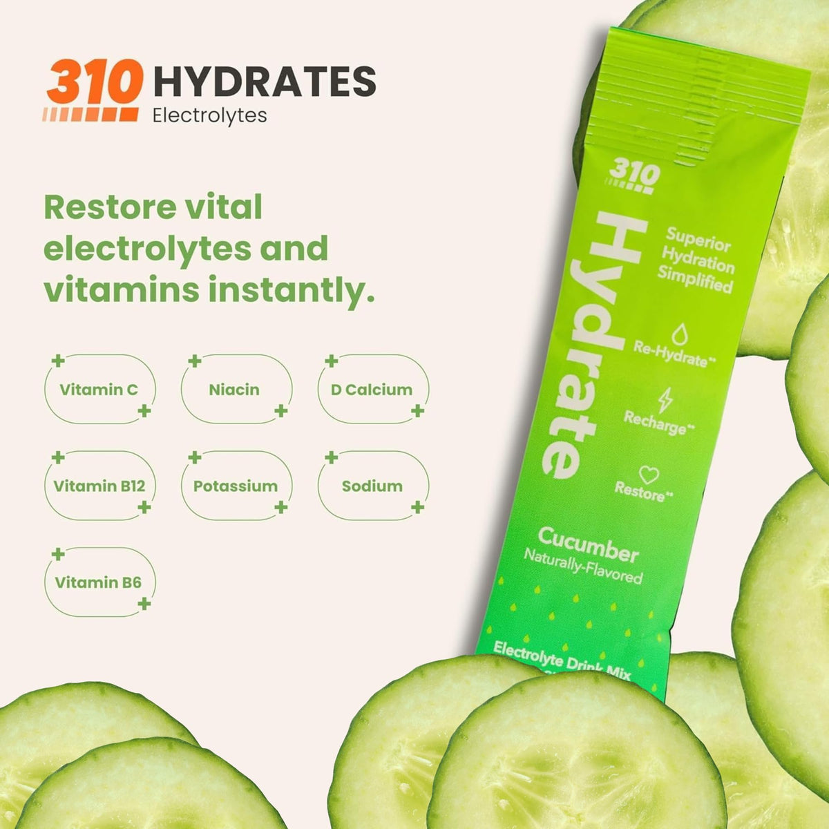 310 Nutrition cucumber electrolyte powder poured into a glass for refreshing hydration