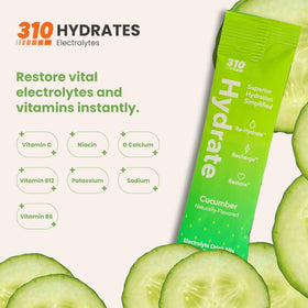 310 Nutrition cucumber electrolyte powder poured into a glass for refreshing hydration
