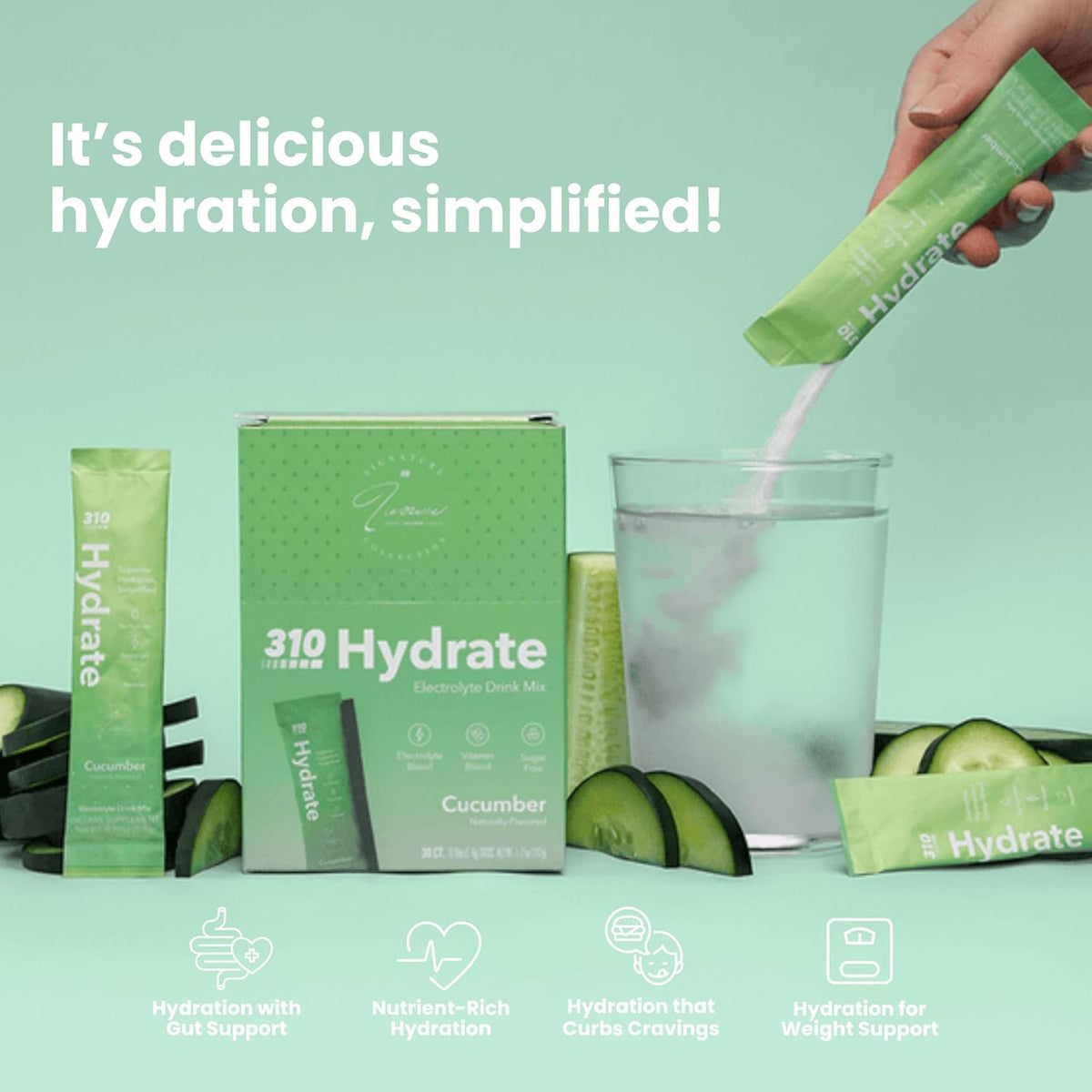 310 Nutrition cucumber electrolyte packets arranged for travel and daily hydration