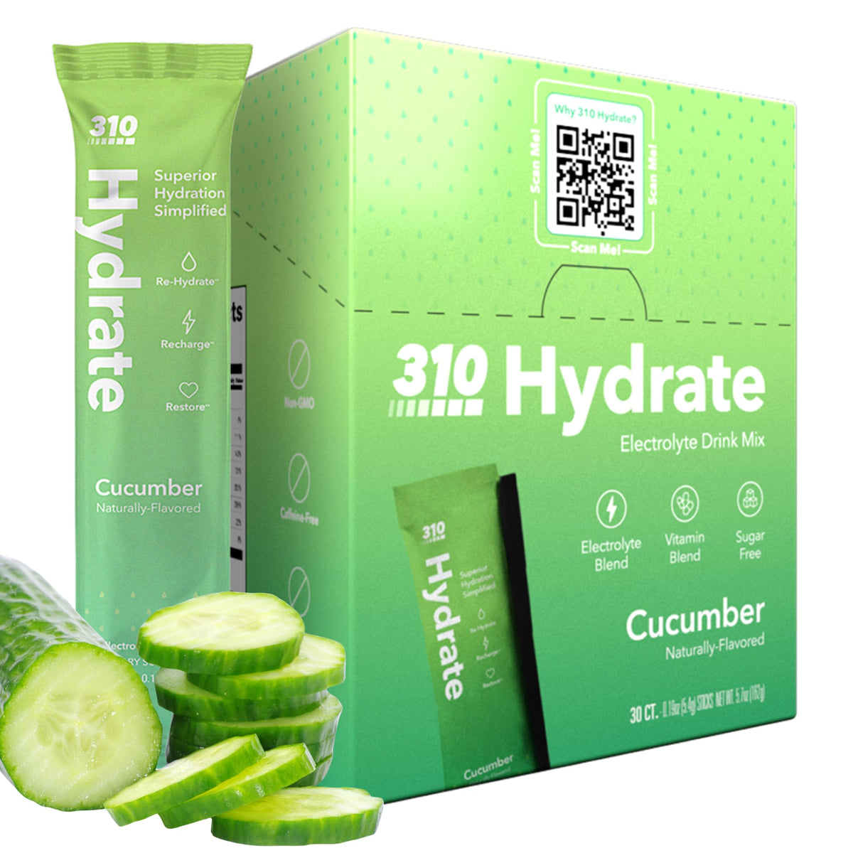 310 Nutrition Sugar Free Electrolytes cucumber single packet for on-the-go hydration