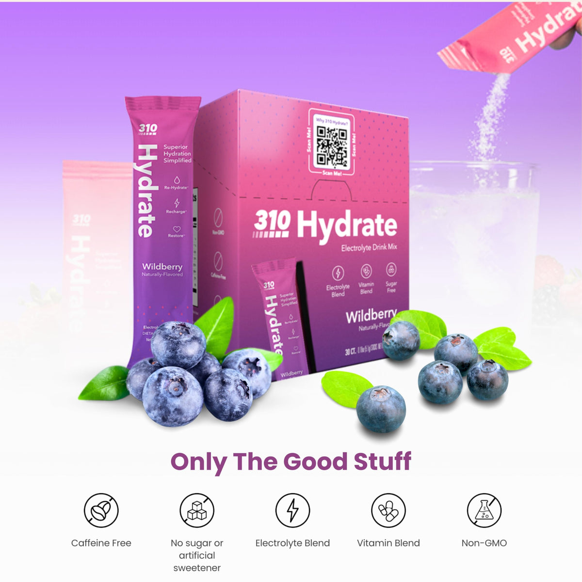 310 Nutrition Wildberry powder dissolving in water for a refreshing drink