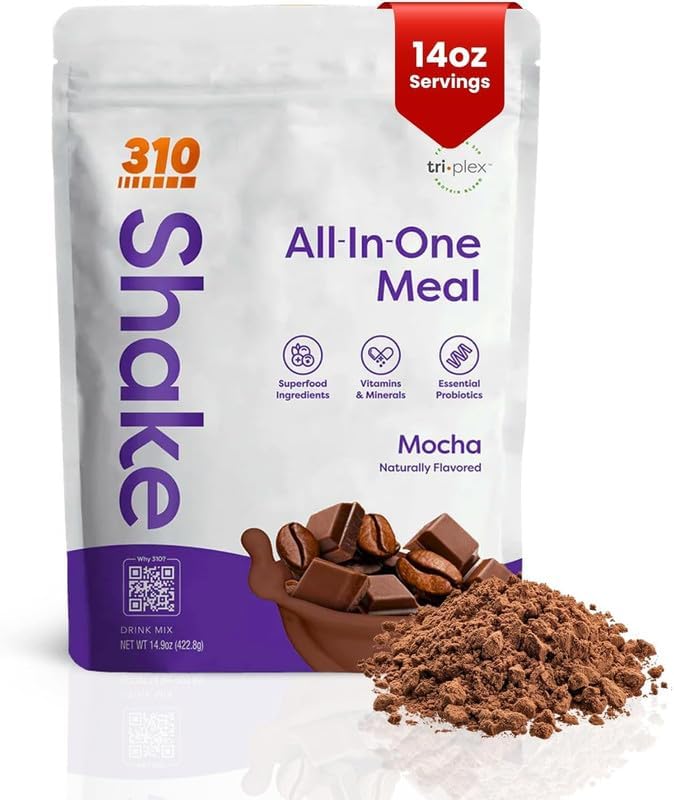 310 Nutrition All-In-One Mocha bottle pour for on-the-go balanced nutrition.