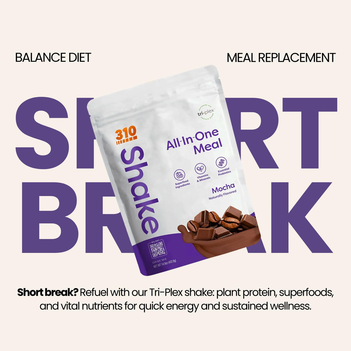310 Nutrition All-In-One Mocha ready-to-mix shake for busy mornings.