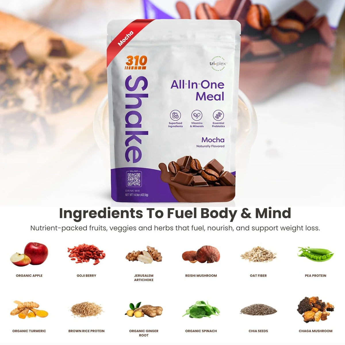 310 Nutrition All-In-One Mocha powder scoop ready for quick meal replacement.
