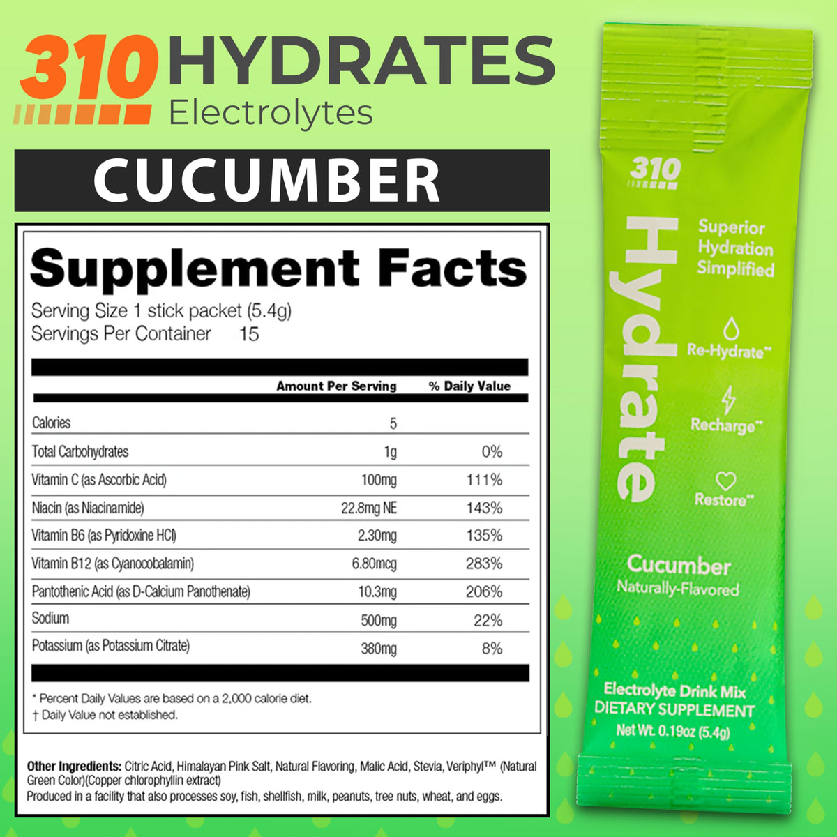 310 Nutrition sealed single-serving packets beside a water bottle for daily use.