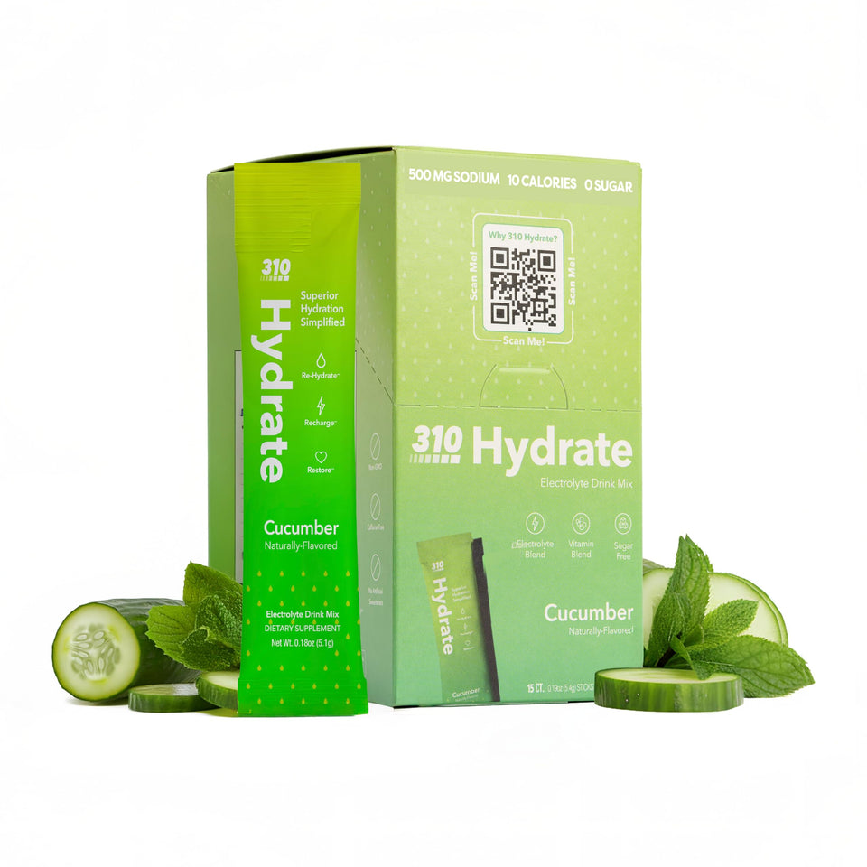 310 Nutrition cucumber sugar-free electrolytes single packet for on-the-go hydration.