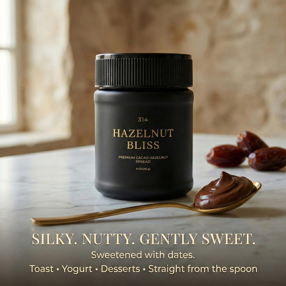 Date-sweetened flavor from 314 Hazelnut Bliss natural dates