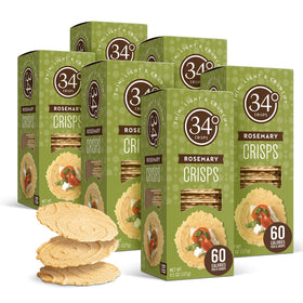 34 Degrees Rosemary Crisps on a cheese board, ideal for pairing.