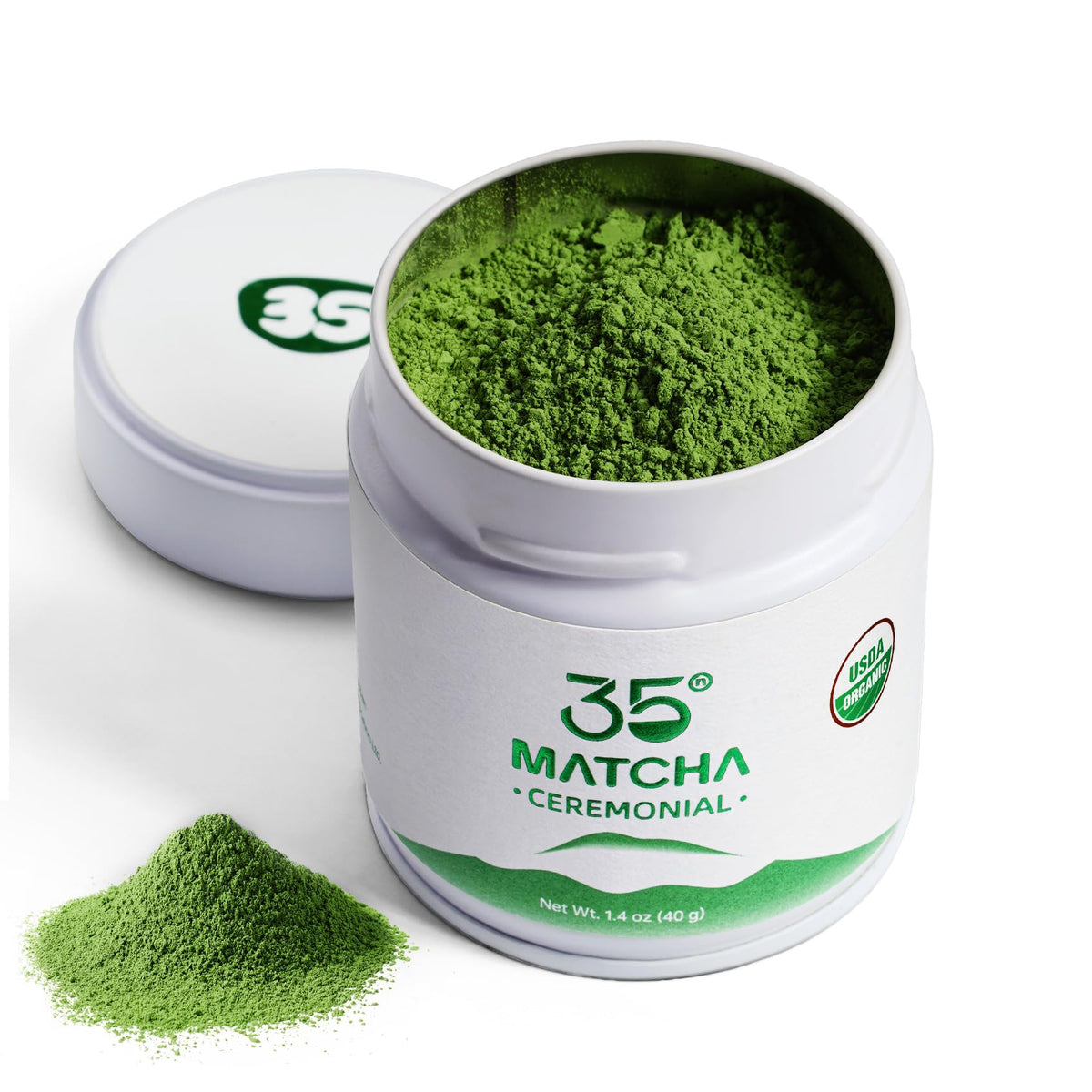 35°N MATCHA ceremonial-grade powder in a tin showing vibrant emerald color, ideal for traditional usucha
