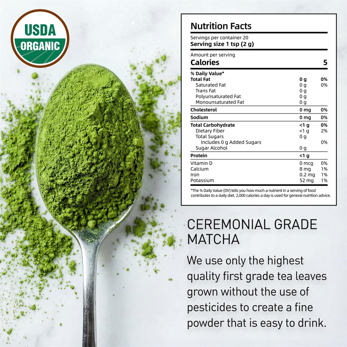 35°N MATCHA first-harvest powder in a jar highlighting bright green hues for premium rituals
