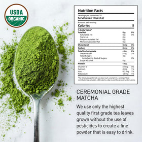35°N MATCHA first-harvest powder in a jar highlighting bright green hues for premium rituals