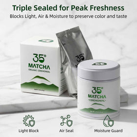 35°N MATCHA tin with inner seal preserving color and aroma