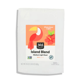 365 by Whole Foods Island Blend ground coffee bag showing ethical sourcing for drip brewing