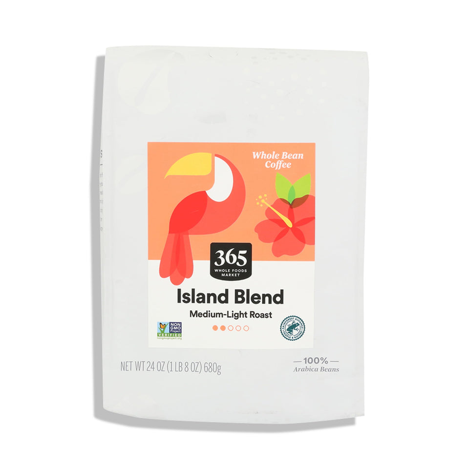 365 by Whole Foods Island Blend ground coffee bag showing ethical sourcing for drip brewing