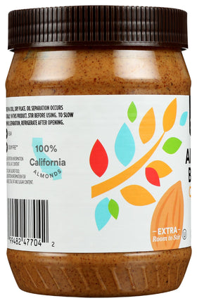 Spread-ready jar of 365 almond butter, perfect for snacks or baked recipes.