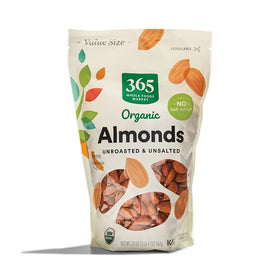 365 by Whole Foods Market almonds unroasted unsalted package front, ideal for snacking.