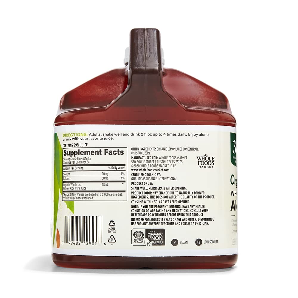 365 by Whole Foods Market Aloe Vera juice label showing organic whole leaf quality