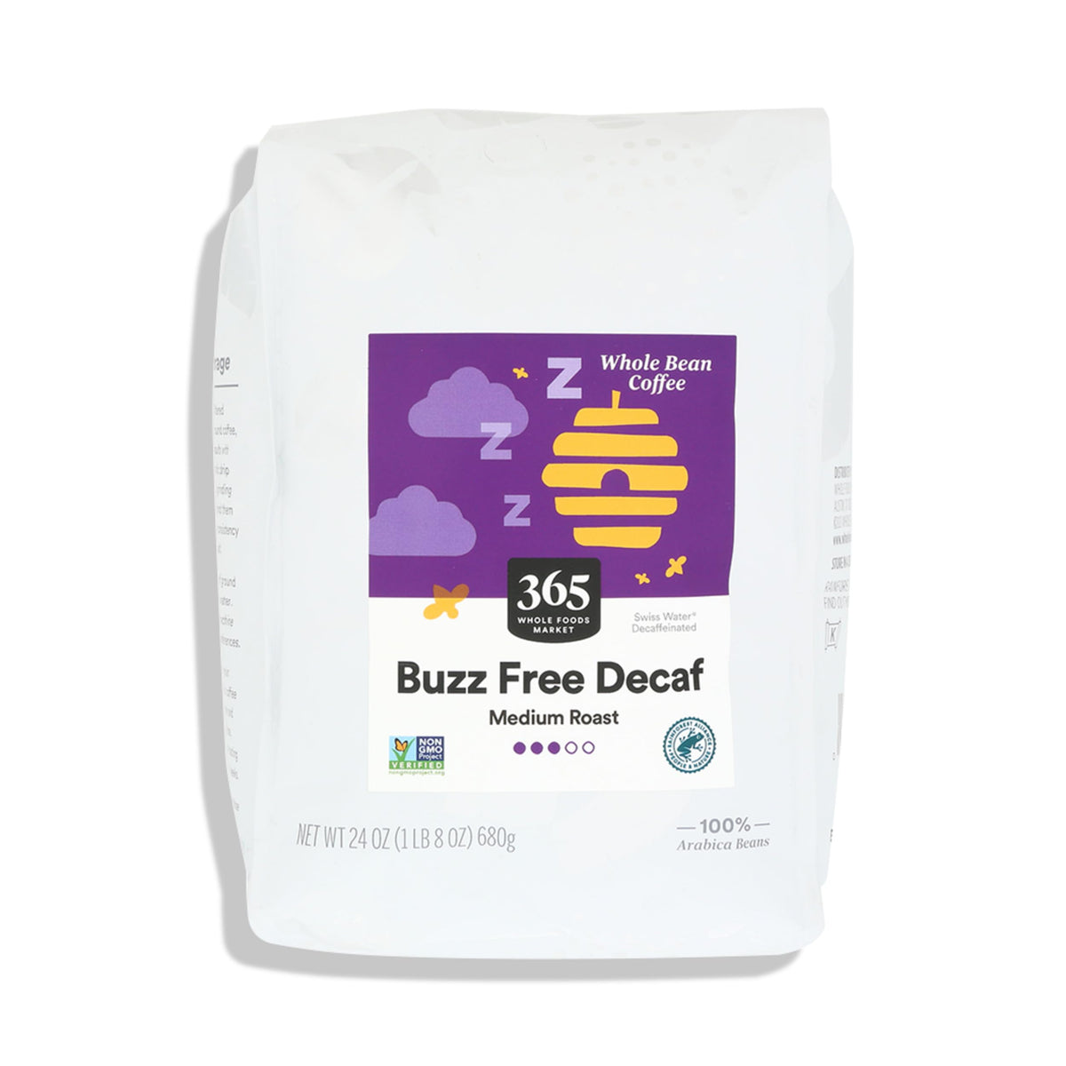 365 by Whole Foods Market Buzz Free coffee 24oz bag highlights caffeine-free enjoyment and aroma